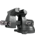6 Inch Jaw Bench Vise Workhorse With 360 Degree Swivel Base And Double Lockdowns Replaceable Hardened Steel Top And Pipe Jaws Large Anvil Work Surface Powder Coat Finish Heavy Duty 30000 PSI Gray Cast Iron Bench Vise For Home Shop, angled view