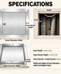 Specifications of Heavy Gauge Stainless Steel Drywall Access Door 28 X 28 Inches Service Panel with dimensions.