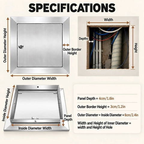 Tough As Nails Stainless Steel Drywall Access Door 28 X 28 Inch with specifications for outer and inner dimensions.