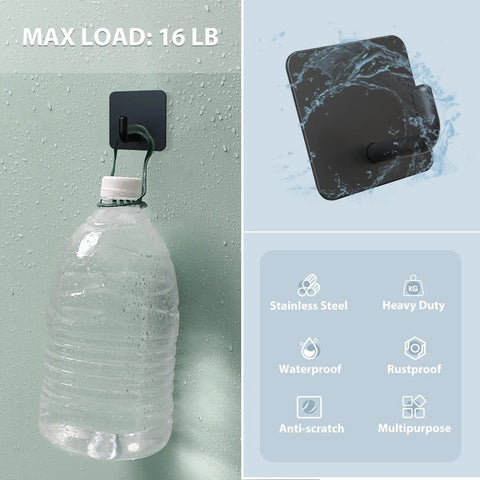 Stainless Steel Adhesive Hooks For Shower No Drill Stick On Wall Hangers Waterproof And Rust Resistant Matte Black Finish Heavy Duty Yet Sleek Includes 2 Extra Adhesive Strips Set Of 4 shown holding a water bottle, highlighting 16 lb capacity and waterproof properties.