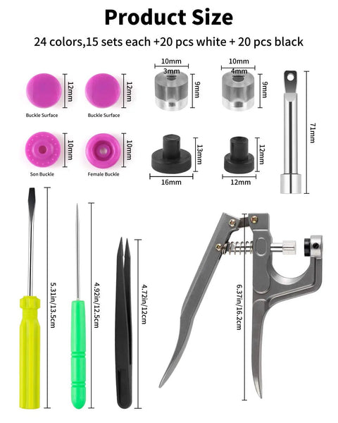 All In One Snap Fastener Kit With Pliers, 400 Sets In 24 Colors Plastic Snaps For Clothing, Sewing, Crafting, And Diapers