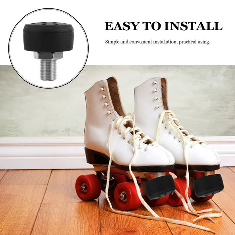 Roller Skate Toe Stops Set With Adjustable Rubber Brakes for Quad Skates Replacement Brake Blocks shown on white skates