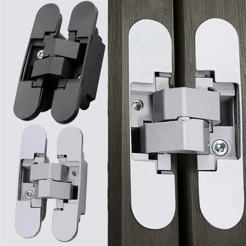 Invisible Cross Hinge 180 Degree Concealed Folding Door Hinge for Cabinets and Cupboards shown in black and silver.