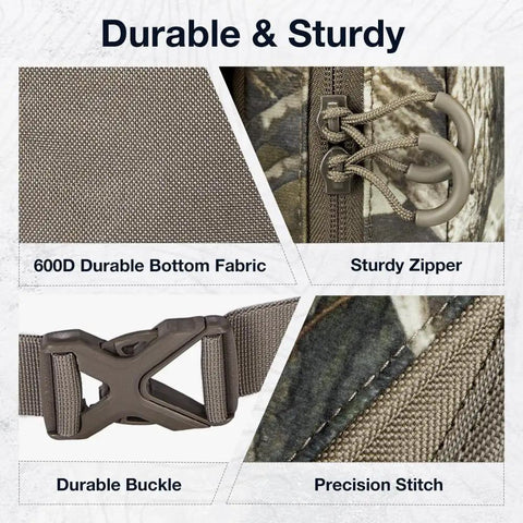 Close-up of Camo G2 25L Hunting Backpack With Waterproof Rain Cover detailing 600D fabric, sturdy zipper, buckle, and precision stitching.