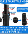 Adjustable height table leg extension with EVA foam anti-slip locking pads, features minimum and maximum height levels.