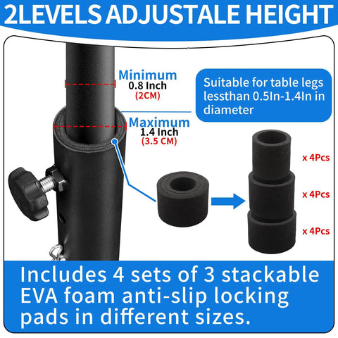 Adjustable height table leg extension with EVA foam anti-slip locking pads, features minimum and maximum height levels.