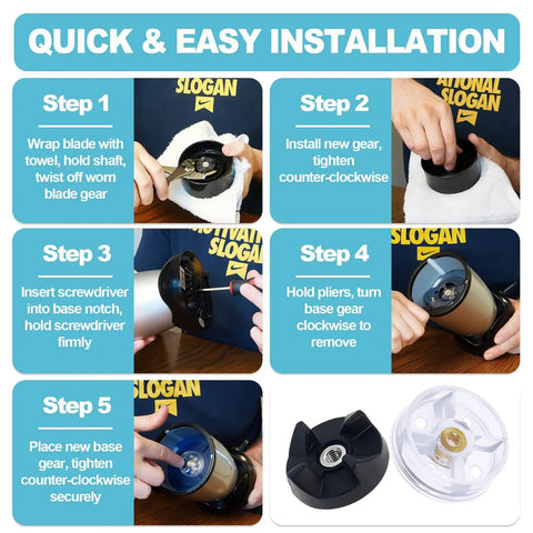 5-step installation guide for 4 Pack MB1001 Blender Gear Replacement Set Compatible With MB1001 Model with tools and parts displayed