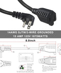 Short Power Extension Cord With Low Profile Wall Head 6 Inch 14AWG SJTW Heavy Duty Cable For Indoor Outdoor Use 15A 125V 1875W