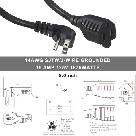 Short Power Extension Cord With Low Profile Wall Head 6 Inch 14AWG SJTW Heavy Duty Cable For Indoor Outdoor Use 15A 125V 1875W