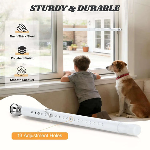 Heavy Duty Adjustable Sliding Door Security Bar For Home And Travel Anti Pry Door Stopper Keeps Intruders Out Perfect For Apartments Hotels Seniors Kids And Pets White, shown in window with child and dog, highlighting durability and adjustment holes.