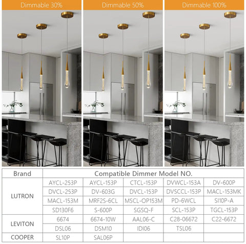 Gold Brushed Brass Teardrop Crystal Pendant Lights 3-Pack, Dimmable LED Ceiling Fixtures over kitchen island in varied brightness settings.