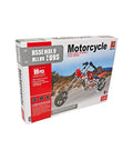 Packaging of 99 Piece Metal Motorcycle Model Building Kit For DIY Chopper Bike Fans And STEM Lovers in red and silver.