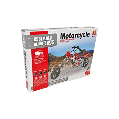 Packaging of 99 Piece Metal Motorcycle Model Building Kit For DIY Chopper Bike Fans And STEM Lovers in red and silver.