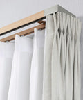 Heavy Duty Aluminum Barn Door Track Kit Slides Smooth As Glass Across 8.86 Feet with dual curtain runners in gray and white.