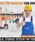 64 Inch Adjustable Wall Mount Tool Organizer Rack For Garage And Shed with tools displayed and man giving thumbs up