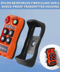 Front view of orange 4-channel wireless crane remote with four black buttons and green start button.