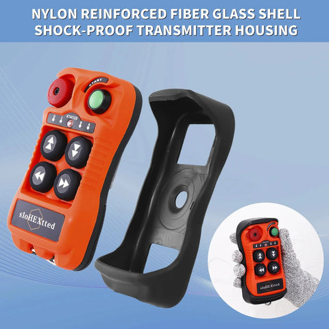 Front view of orange 4-channel wireless crane remote with four black buttons and green start button.