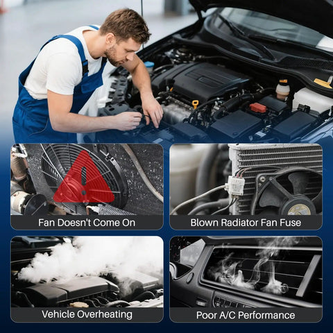 Direct Swap Radiator Cooling Fan And AC Condenser Assembly For Honda Crv 2002 To 2006 with technician inspecting engine.