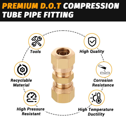 Front view of brass D.O.T compression straight union fitting for 3/8" nylon tubing, pack of 4