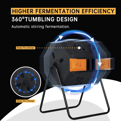 Dual Chamber 43 Gallon Compost Tumbler With Sliding Doors, BPA Free Rotating Batch System For All Season Outdoor Use in orange.