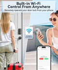 Keyless Entry Door Lock With Handle Set And WiFi App Control Fingerprint Scanner Electronic Keypad Deadbolt With One Time Code Auto Locking Four Unlocking Methods No Fuss Setup Remote Passcode And Backup Keys Easy To Install Oil Rubbed Bronze Finish in use with smartphone app shown.