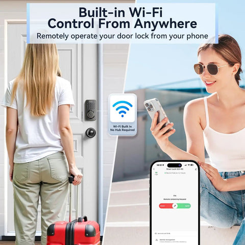 Keyless Entry Door Lock With Handle Set And WiFi App Control Fingerprint Scanner Electronic Keypad Deadbolt With One Time Code Auto Locking Four Unlocking Methods No Fuss Setup Remote Passcode And Backup Keys Easy To Install Oil Rubbed Bronze Finish in use with smartphone app shown.
