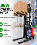 Super Heavy Duty Semi Electric Pallet Stacker With A Killer 3300 Pound Lift Capacity And Nine Foot Four Inch Vertical Reach perfect for lifting pallets in warehouse.