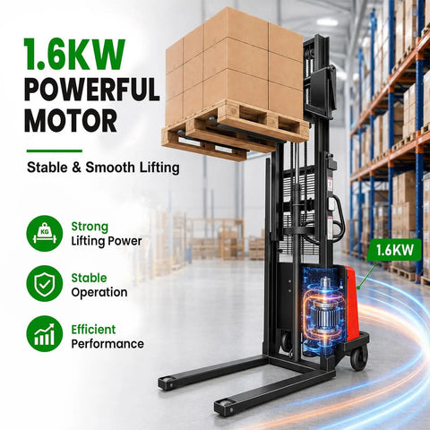 Super Heavy Duty Semi Electric Pallet Stacker With A Killer 3300 Pound Lift Capacity And Nine Foot Four Inch Vertical Reach perfect for lifting pallets in warehouse.