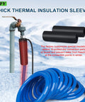 50ft heated RV water hose with thick thermal insulation sleeve; blue coiled hose and valve heater attached