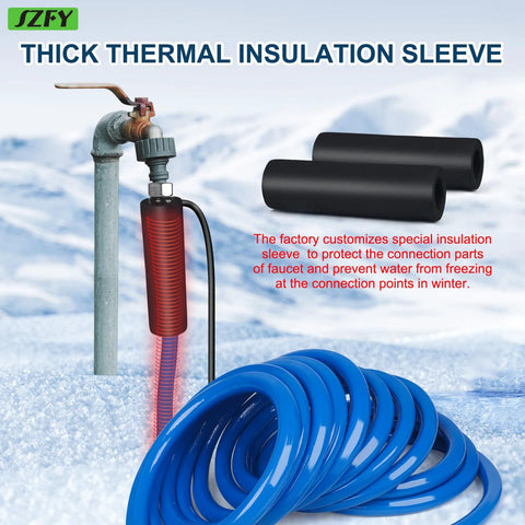 50ft heated RV water hose with thick thermal insulation sleeve; blue coiled hose and valve heater attached