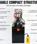 Heavy Duty 12V DC Hydraulic Power Unit with diagram highlighting components like electric motor, relay, and reservoir