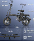 Foldable Electric Bike For Adults And Teens With 740W Peak Motor 48V 10Ah Removable Battery 20 MPH Top Speed And 30 To 35 Mile Pedal Assist Range A Compact 14 Inch Folding E Bike For Daily Commute, side view with measurements and handlebars close-up.