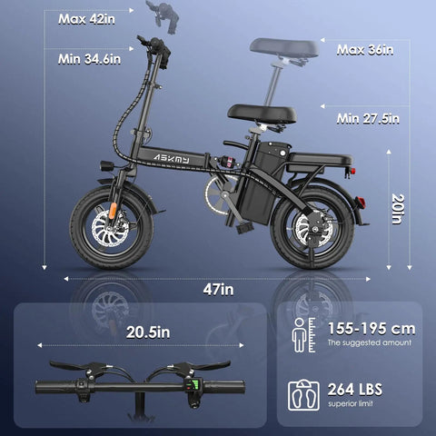 Foldable Electric Bike For Adults And Teens With 740W Peak Motor 48V 10Ah Removable Battery 20 MPH Top Speed And 30 To 35 Mile Pedal Assist Range A Compact 14 Inch Folding E Bike For Daily Commute, side view with measurements and handlebars close-up.