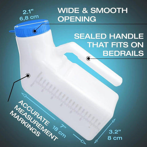 Glow In The Dark Urinal For Men With Spill Proof Screw On Lid 32oz Thick Plastic Pee Bottle Bedpan Style Urine Container, measurements shown