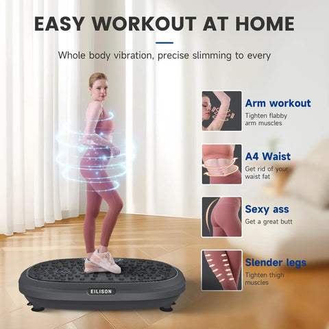 FitMaxx 3D XL Vibration Plate Exercise Machine in use for full body workout with acupressure surface and loop bands at home.