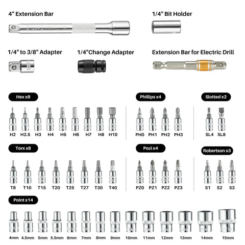 52 Piece Torque Wrench And Screwdriver Set with various bits, extensions, and sockets for DIY bike and gunsmithing, black and red.