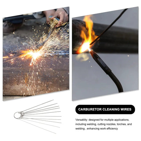 Six Piece Stainless Steel Welding Tip Cleaning Needles Set in use with gas torches, showcasing precision nozzle cleaning.