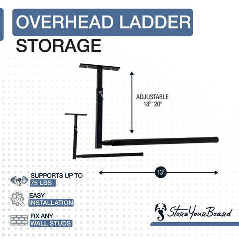 Overhead Ladder Rack Ceiling Mount For Garage Storage Holds Ladders Up To 75 Lbs Adjustable Height From 12 To 20 Inches
