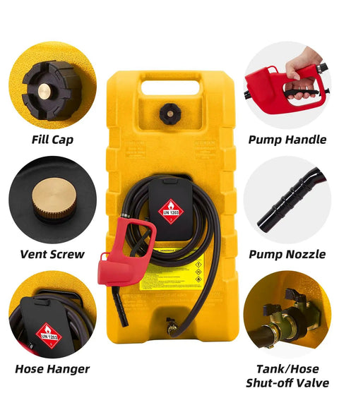 Heavy Duty 15 Gallon Gas Can With Manual Transfer Pump And 10 Feet Hose, Portable Gas Caddy With Wheels, Leak Proof Fuel Tank For Lawn Mowers Cars Boats And ATVs, Yellow.