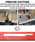 Red Metal Throat Plate Dado Insert Replacement For 4100, 4100XC And 4000 Series Table Saws on workbench with blade