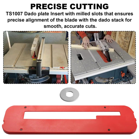 Red Metal Throat Plate Dado Insert Replacement For 4100, 4100XC And 4000 Series Table Saws on workbench with blade