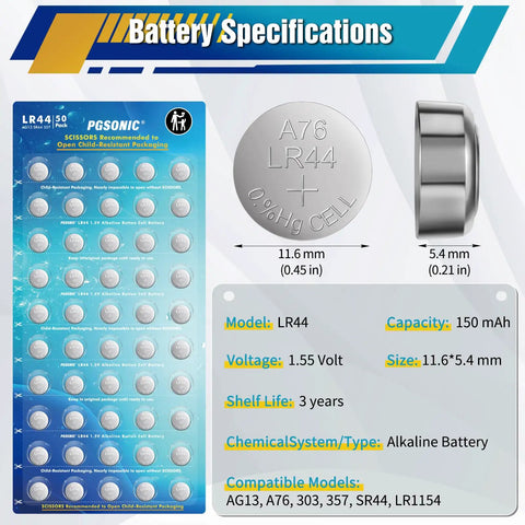 Heavy Duty Fifty Pack LR44 Alkaline Button Cell Batteries Delivers Straight Fire Power with specifications card and cell detail.