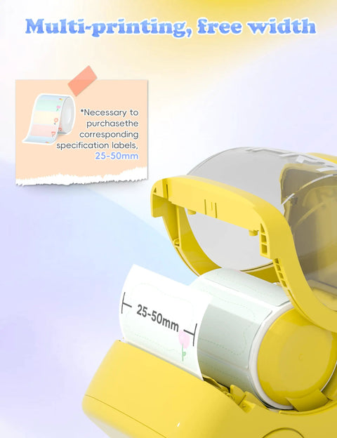 Hassle Free Bluetooth Label Maker With Straightforward Phone Sync And One Included Thermal Tape Roll Sweet For Quick Diy Crafting And Super Clean Home Tagging In Bright Yellow showing 25-50mm label roll in printer.