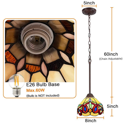 Victorian Style Stained Glass Pendant Light 8 Inch Cream Brown Hanging Lamp for Kitchen Island Dining Room Bar Hallway and Home Office