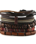 Handcrafted Hemp Cord And Genuine Leather Bracelet With Rustic Wooden Beads Adjustable Unisex Chain stacked view