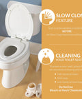 Zero Fuss Potty Training Toilet Seat For The Whole Fam With Built In Magnetic Toddler Cup And Slow Close Lid Steady Hold Elongated Style Crisp White with cleaning instructions.