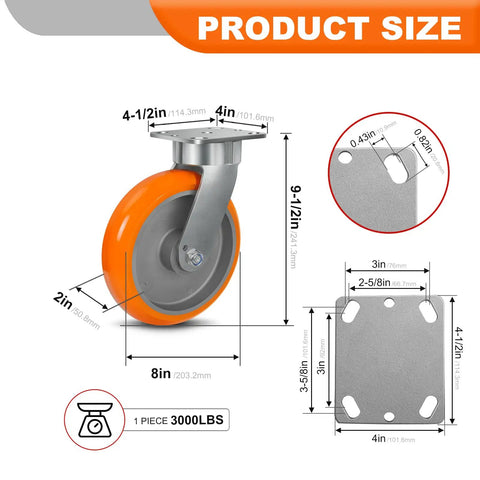 Eight By Two Inch Tough As Nails Heavy Duty Swivel Casters Using Kingpinless Crowned Polyurethane Tread And Aluminum Core dimensions and features diagram.
