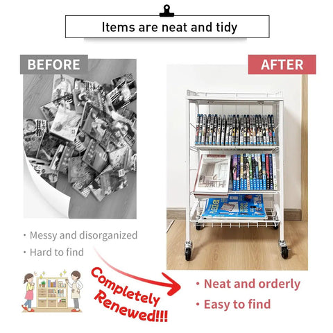 Foldable Six Tier Book Cart With Pegboard Space Saver Slim Rolling Utility Shelves shown orderly organizing books