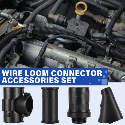8 Piece One Half Inch Wire Loom Connector Set for Auto and Home Harnesses with visible connectors and loom in engine bay
