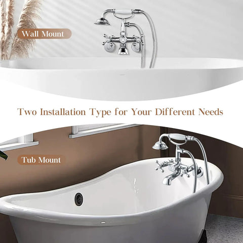 Retro Vibe Clawfoot Tub Faucet And Shower Kit, chrome wall and tub mount options, brass double cross handles, Victorian style